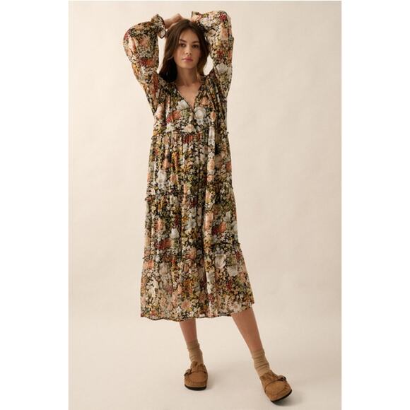 Promesa Black Size Large Floral V-Neck Chiffon Midi Dress - Picture 1 of 9